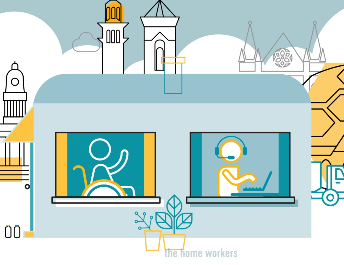 Graphic from the TV advert #togetherleeds showing homeworkers during the pandemic