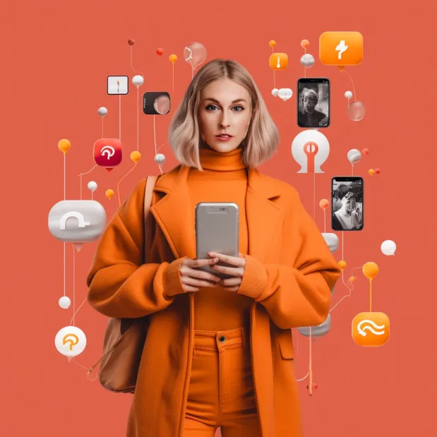 AI created woman, young, blonde hair, holding a mobile phone. Background of social media icons and speech bubbles