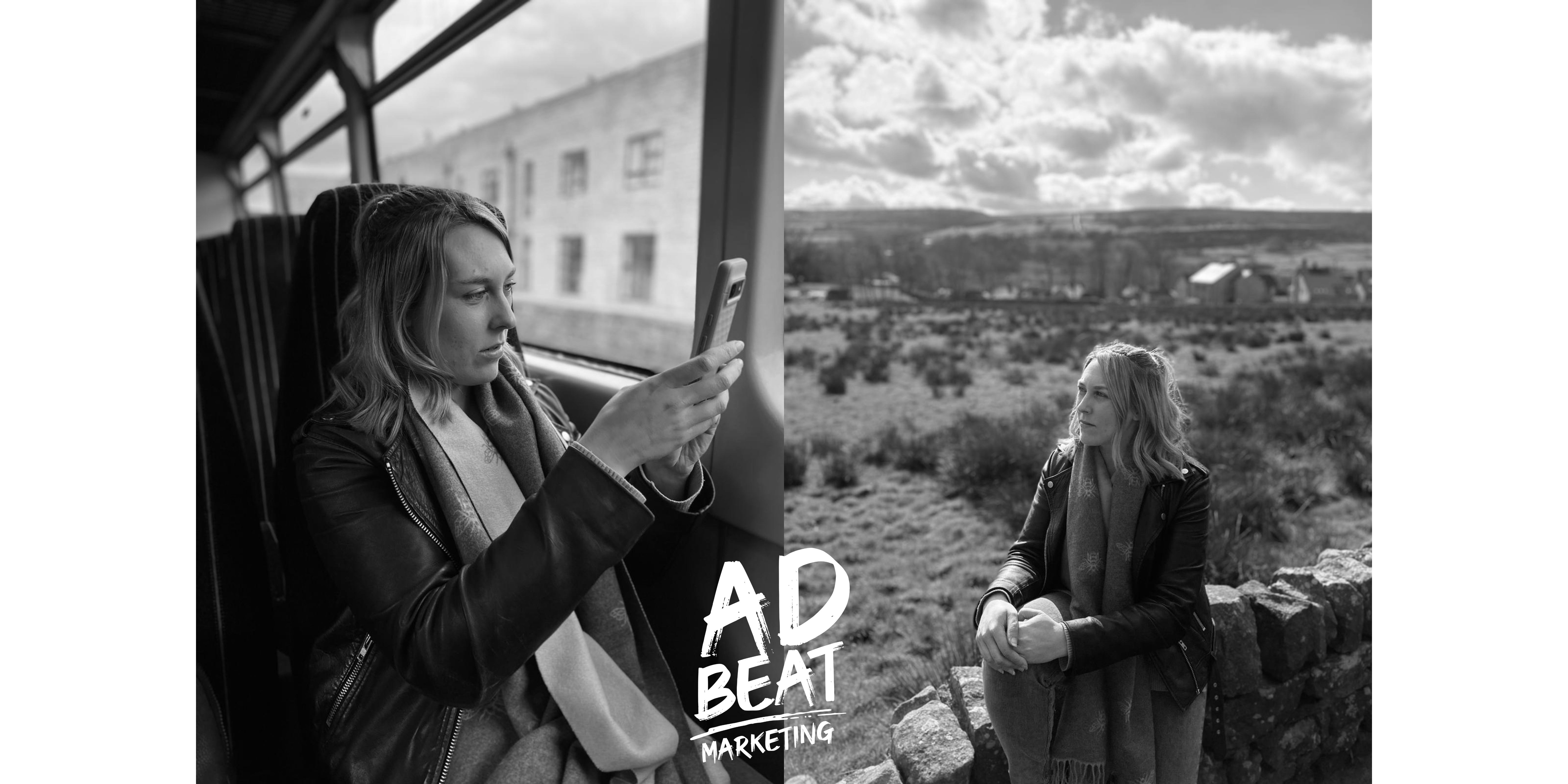 Black and white images of Georgia Beattie, founder of AdBeat Marketing